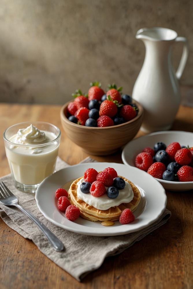 Heller Tisch mit Pancakes, Waffeln und Toppings