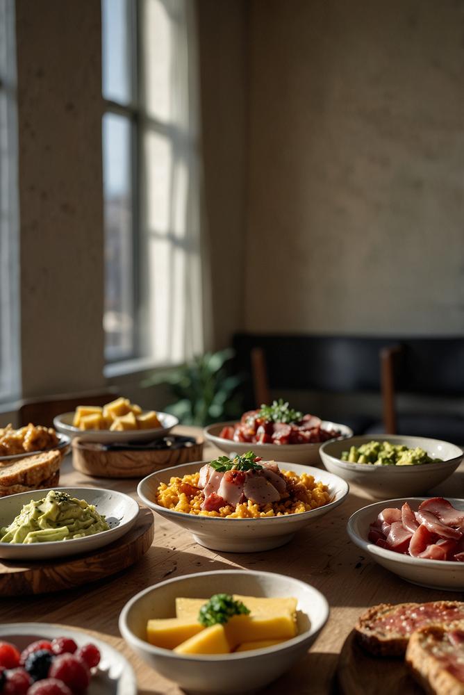 Heller, stilvoller Brunch mit Quiches, Aufschnitt und Bowls