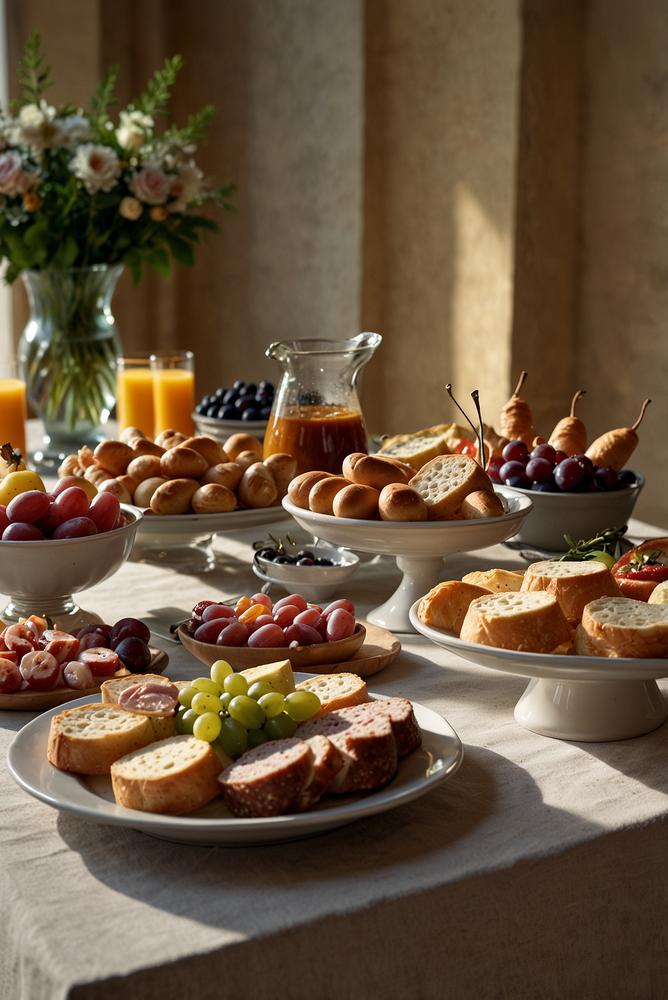Brunch Buffet mit Kaese, Wurst und Gepaeck hell und einladend