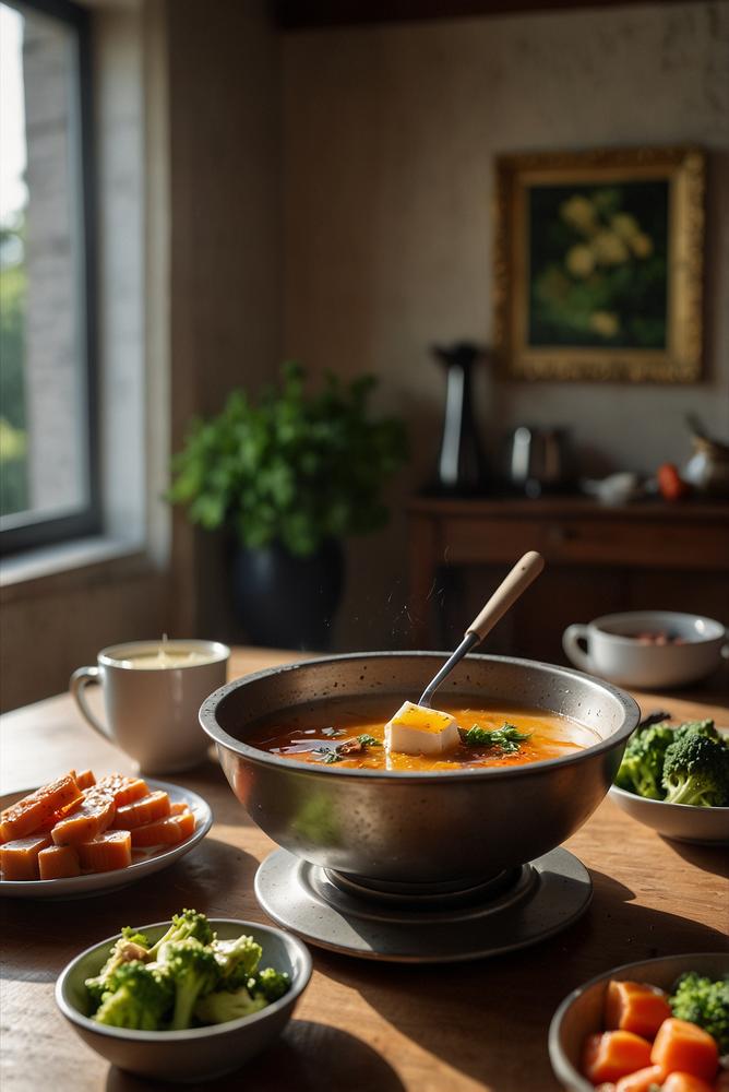 Hell erleuchteter Fondue-Abend mit Brühe und frischen Einlagen