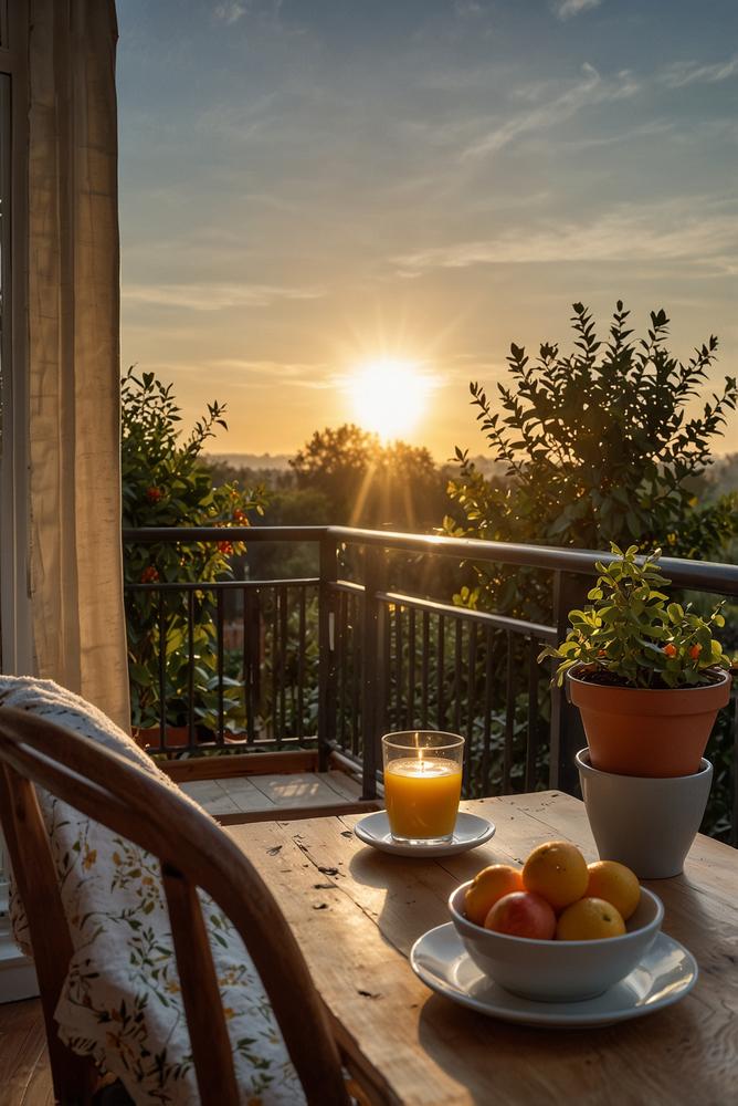 Helles Sunrise-Frühstück auf Balkon mit frischen Speisen