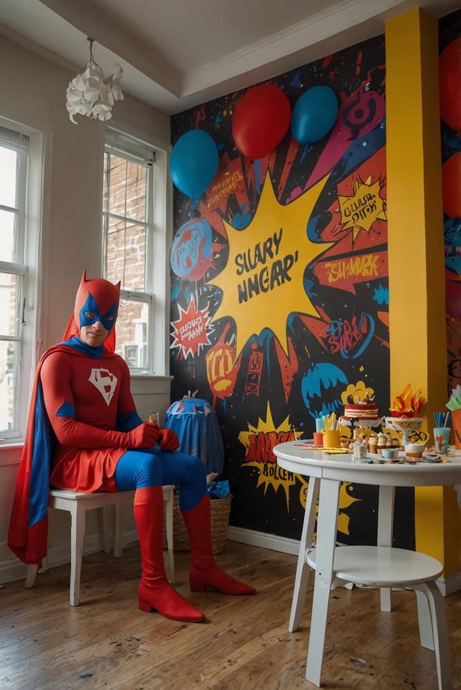Superheldenparty mit hellem Foto-Backdrop und Masken