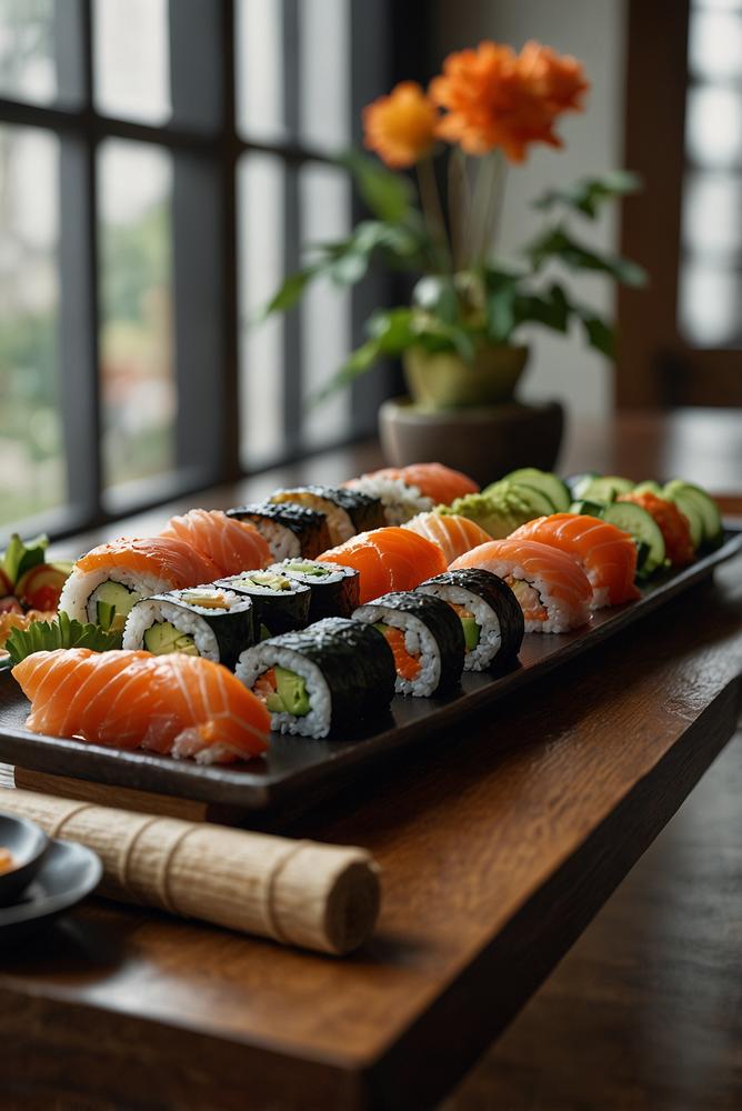 Helle Sushi Fingerfood Platte mit Maki und Nigiri