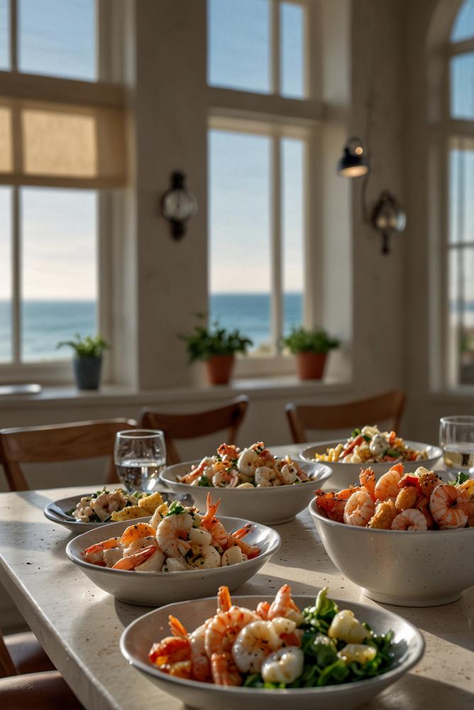 helles freundliches Bild eines mediterranen Tapas-Abends mit Meeresfrüchten