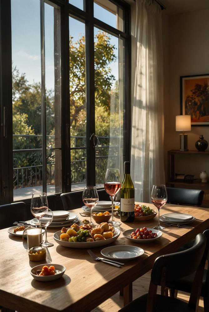 Hell und einladend gedeckter Tapas-Abend mit Wein