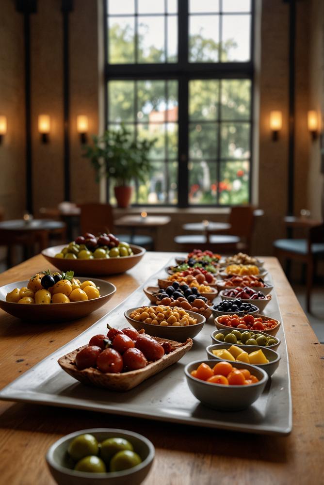 Hell leuchtendes Tapas-Buffet mit mediterranen Gerichten