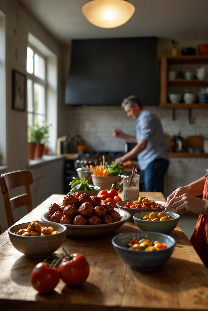 Tapas-Abend mit Freunden beim gemeinsamen Kochen in heller Küche