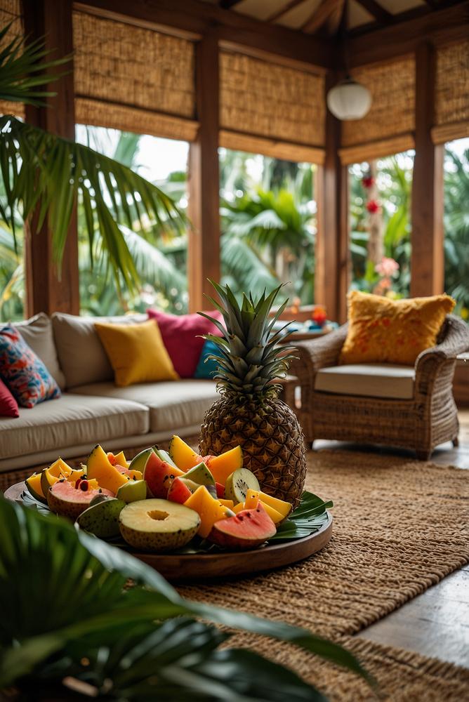 helles Wohnzimmer mit tropischer Luau-Partydeko