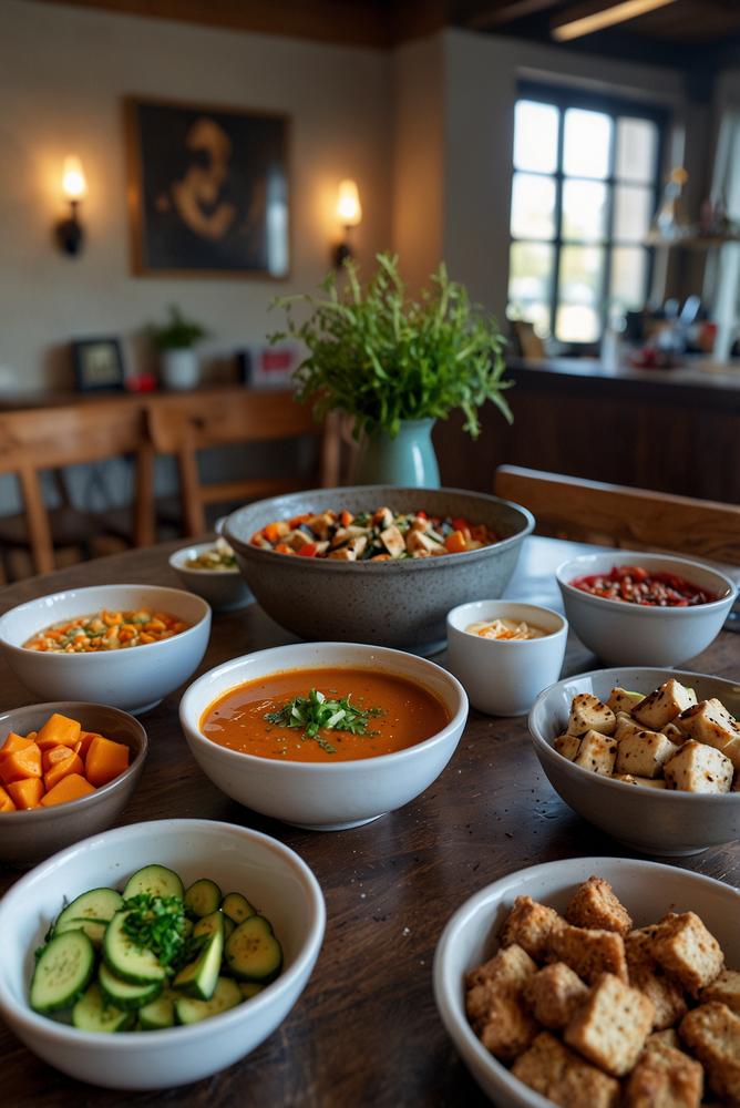 Heller, einladender Tisch mit veganem Fondue und frischem Gemüse