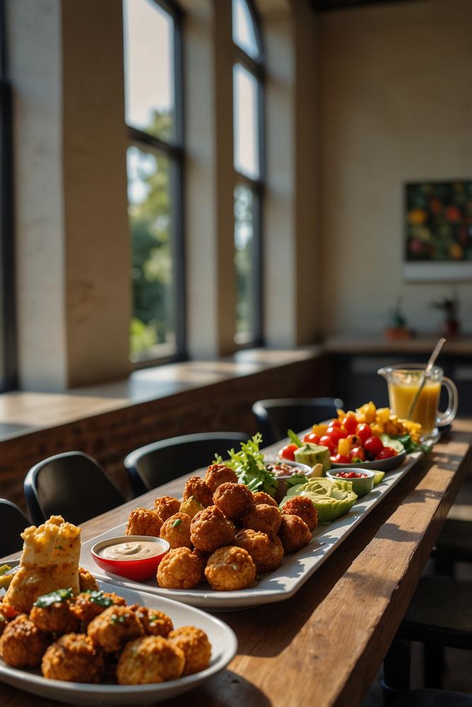 Heller Raum mit veganen Fingerfood-Häppchen auf Tisch