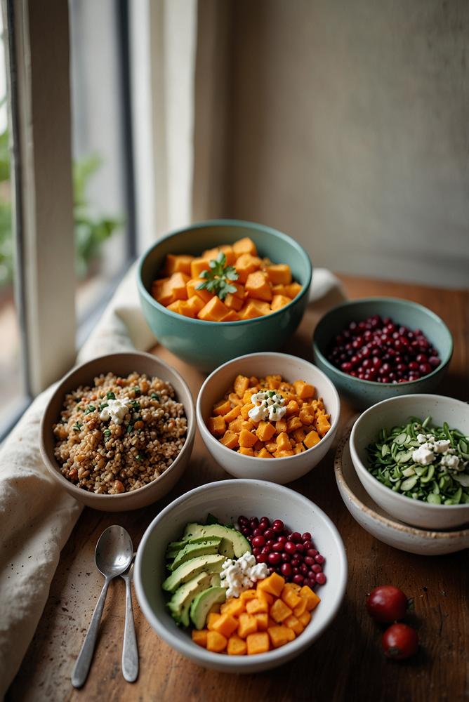 Hell beleuchteter vegetarischer Brunch mit bunten Bowls