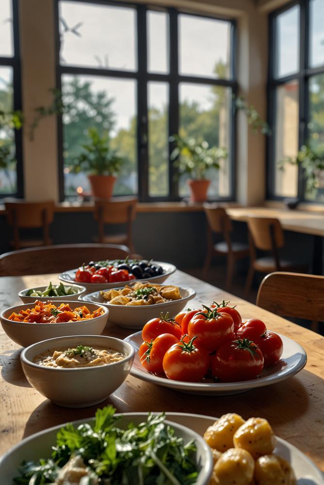 Hell erleuchteter Essbereich mit vegetarischen Tapas