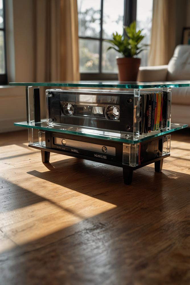 Heller VHS-Kassetten-Couchtisch im 80er-Party-Stil