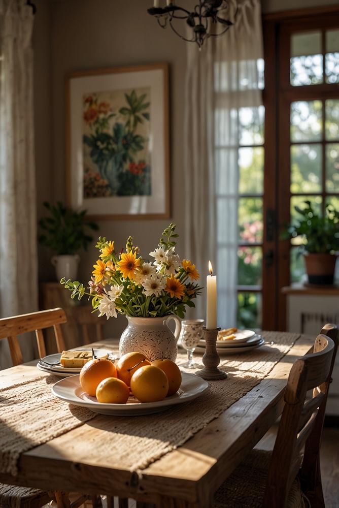 Hell und einladend mit vintage-geschirr gedeckter boho-tisch