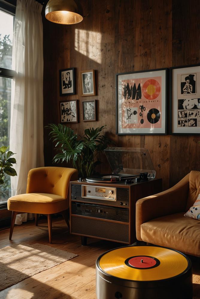 Heller Vinyl-Plattenspieler mit Records-Tisch für 80er Party