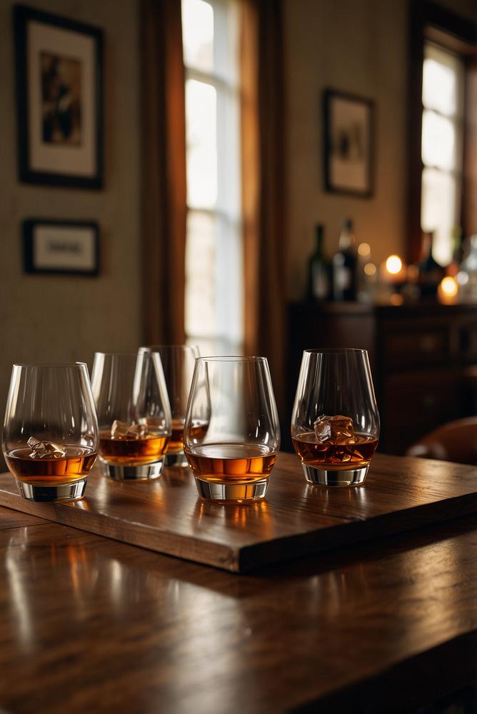 Helles Whiskey-Tasting Setup mit Probiergläsern am Männerabend