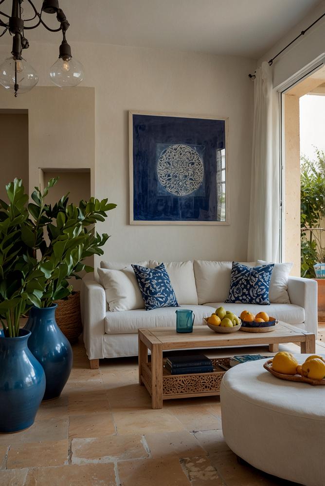Wohnzimmer im Amalfi-Stil mit Zitronengelb und Marineblau