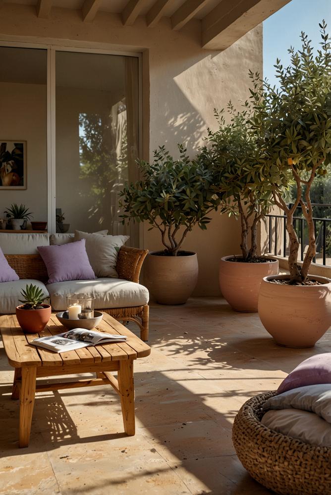 Hell und einladend gestaltetes Wohnzimmer mit Balkon im Dolce-Vita-Stil
