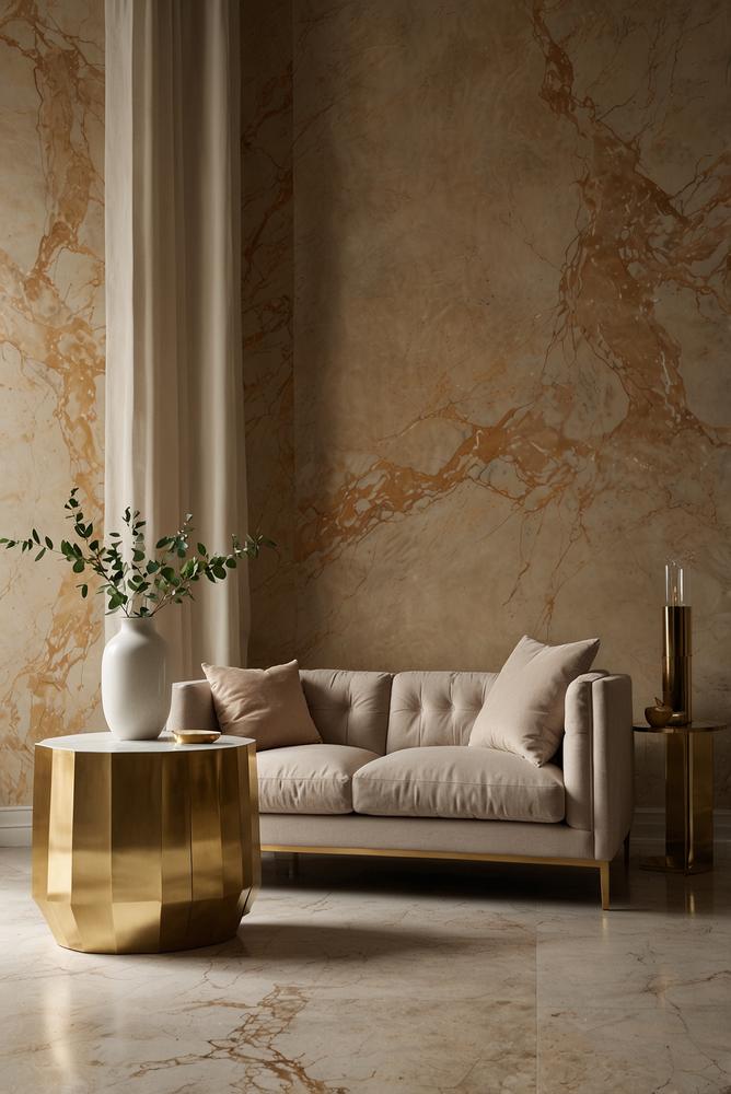 Wohnzimmer in Beige mit Marmor und Metallakzenten hell und modern