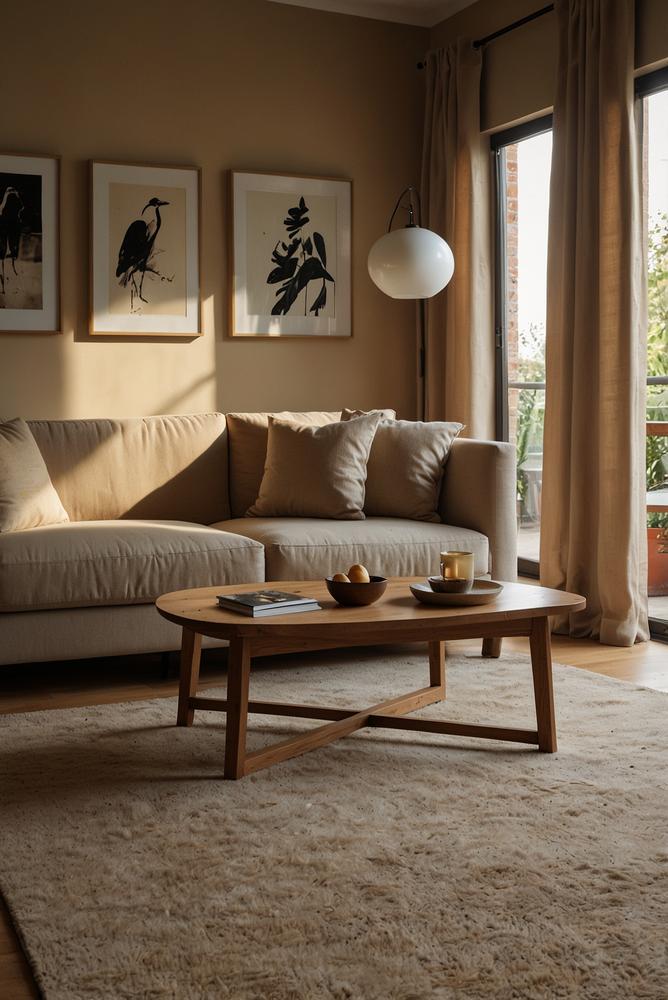 Helles Wohnzimmer mit sandfarbenem Sofa und Holzelementen