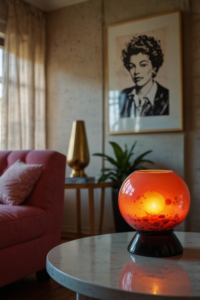 Wohnzimmer mit Beistelltisch und leuchtender Lava-Lampe