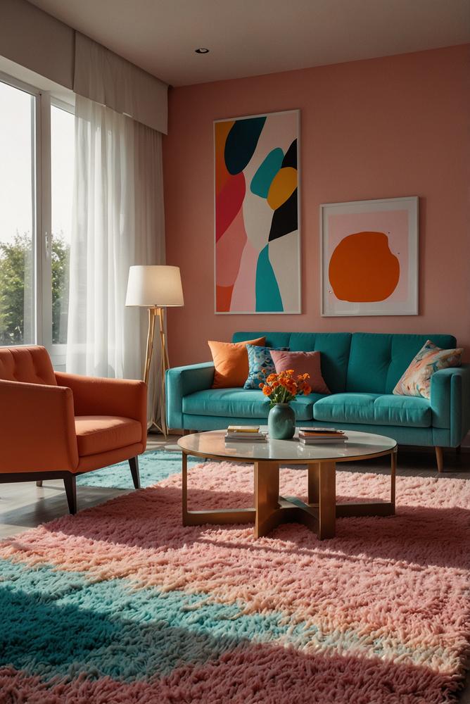 Bunt leuchtender Shag-Teppich im Wohnzimmer im 80er Stil