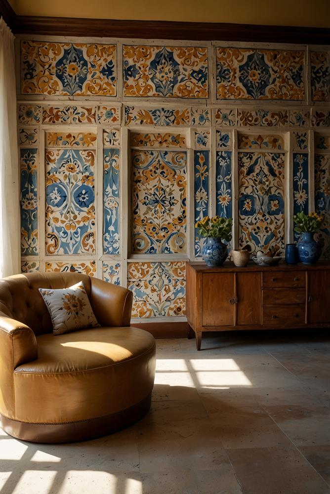 Wohnzimmer mit handbemalter italienischer Fliesenwand