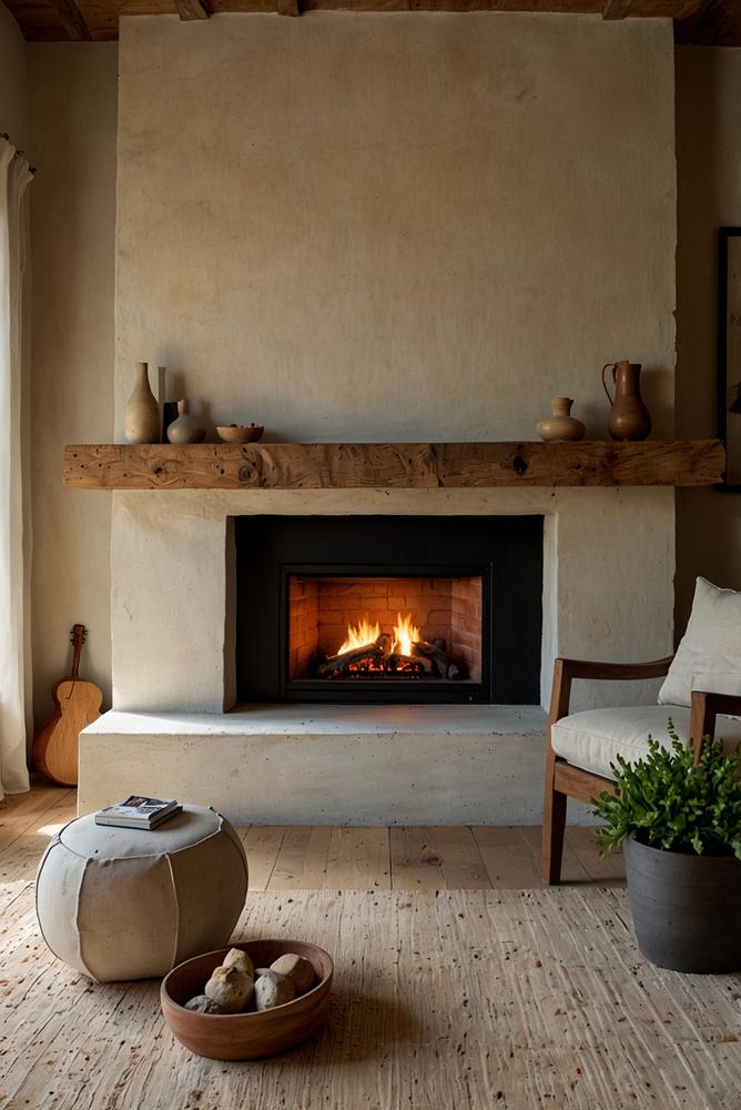 Wohnzimmer mit Kamin und rustikalem Stil, warm und einladend