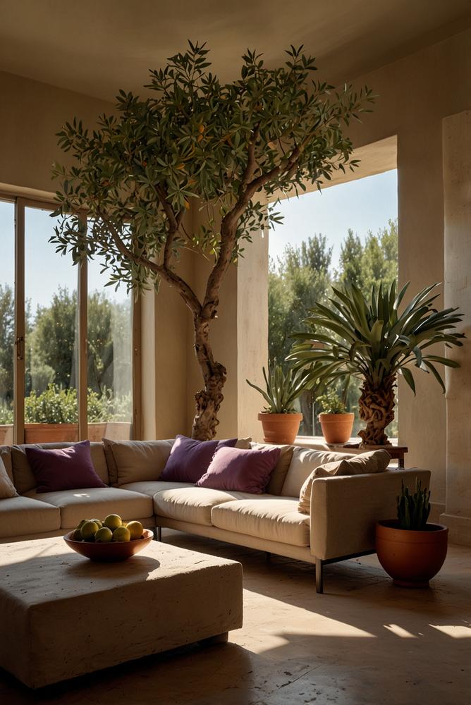 Helles Wohnzimmer mit Olivenbaum und mediterraner Pflanzenoase
