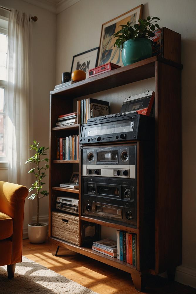 Wohnzimmerregal mit 80er Kassetten und Walkman hell und freundlich