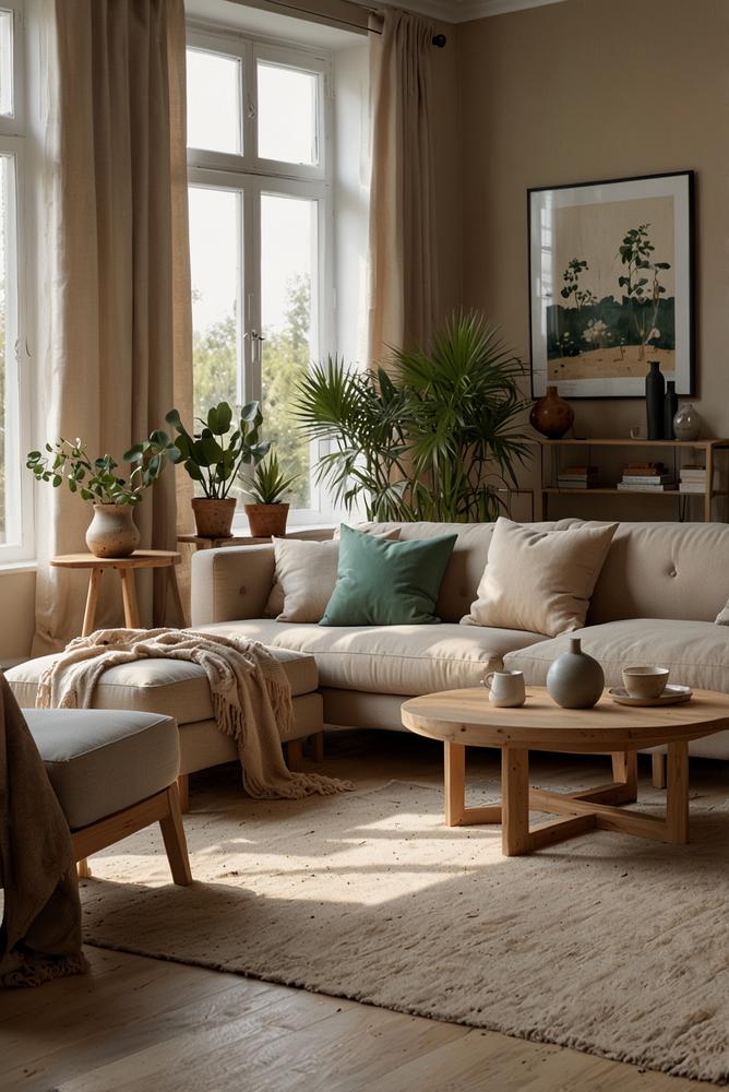 Skandinavisches Wohnzimmer in Sandtönen, hell und einladend