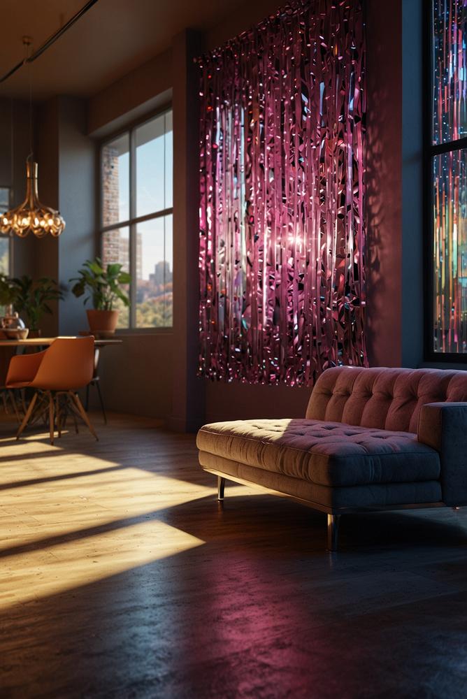 Wohnzimmerfenster mit glitzernden Lametta-Vorhängen im 80er-Stil