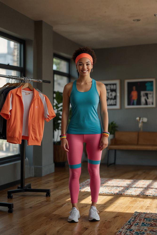 80er Fitness Outfit mit Neonleggings und Stirnband