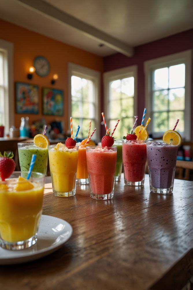 Bunte alkoholfreie Kindergetränke im Karnevalskostüm