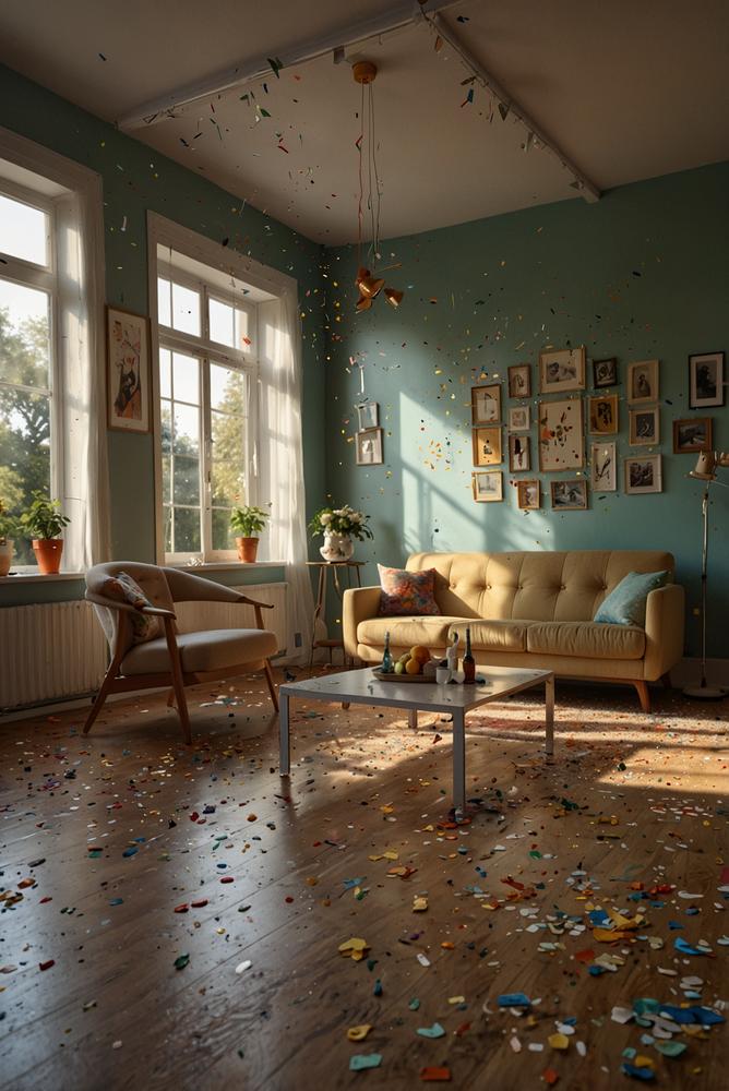 Lichtdurchfluteter Raum mit Aufräummaterial nach Karneval