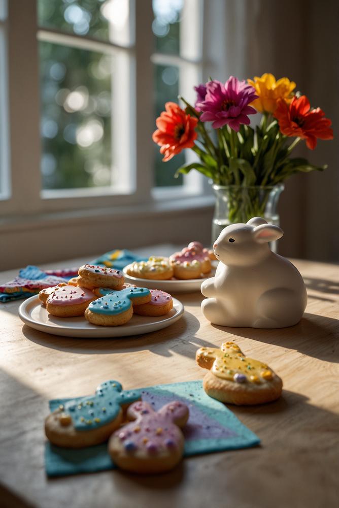 Helle Ausmal-Hasenkekse mit bunten essbaren Stiften