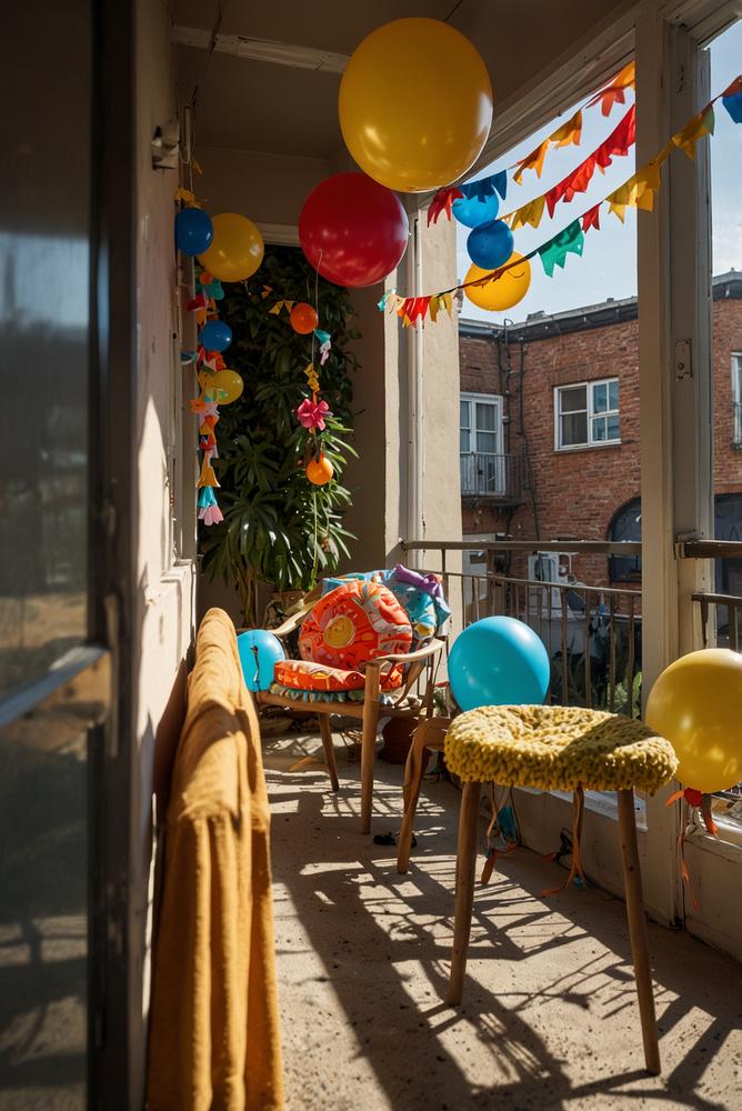 Heller Balkon-Umzug mit Karnevalskostümen und Nachbarn