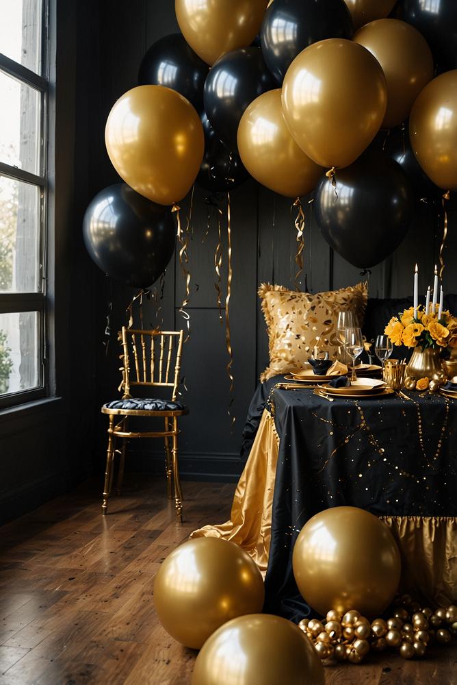 Elegante Black-and-Gold Karneval Mottoparty Deko im Raum