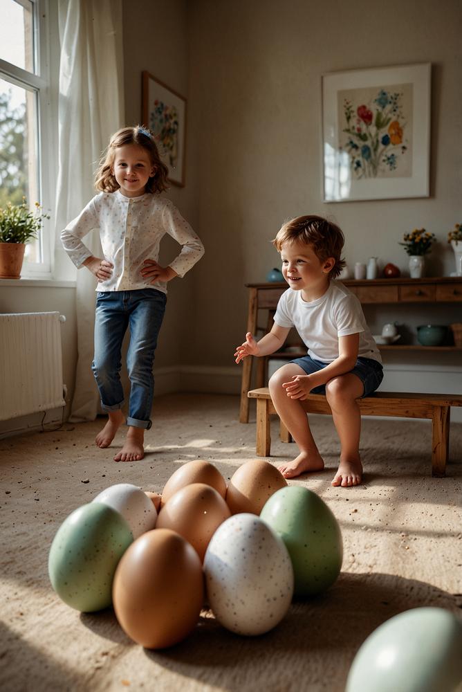 Kinder beim blindem Eierlauf mit Partneransagen in hellem Raum