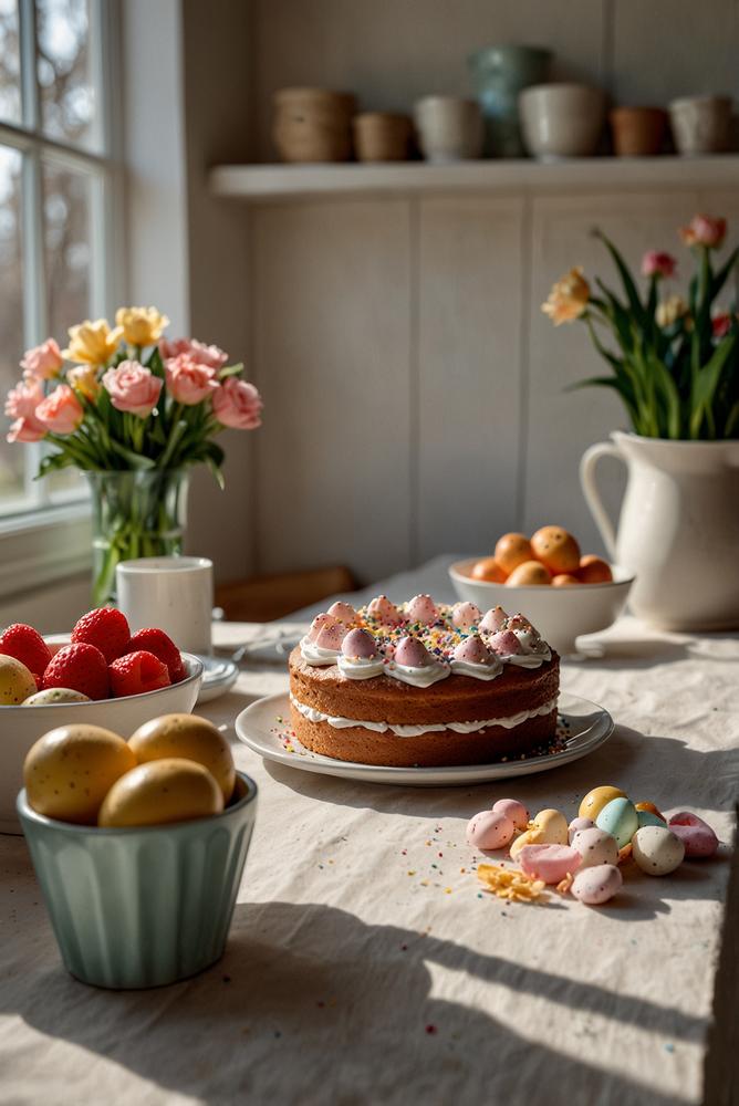 Heller Raum mit Oster-Blitzkuchen und Kaffee am Tisch