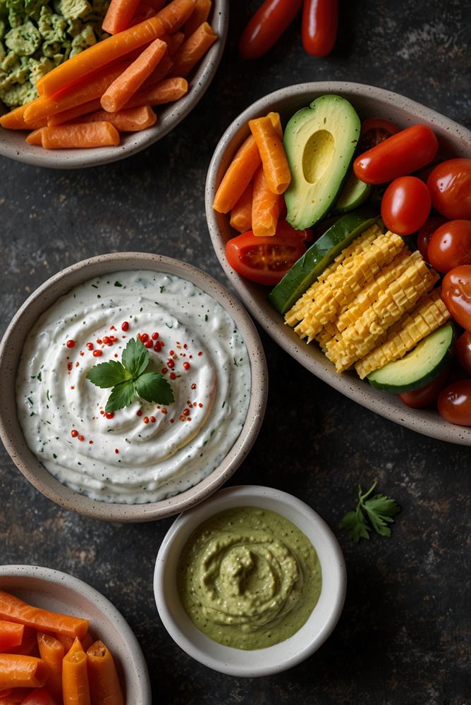 Bunte Gemüsesticks mit Dip als Karnevalssnack
