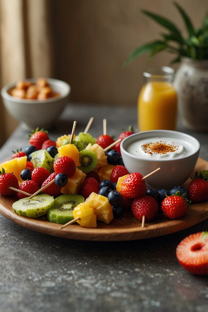 Bunte Obstspieße mit Joghurt-Dip als Karnevalssnack