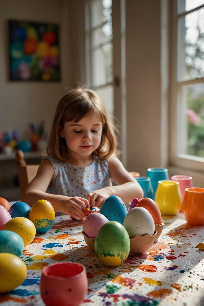 Kinder basteln bunte Ostereier in heller Umgebung