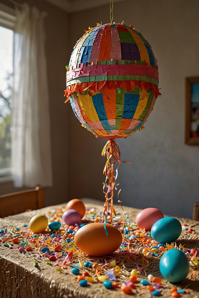 Bunte Ostereier-Piñata aushängend in hellem Raum