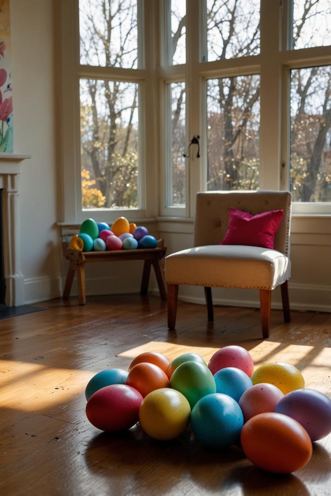 Bunte Ostereiersuche mit Farbkarten im sonnendurchfluteten Raum
