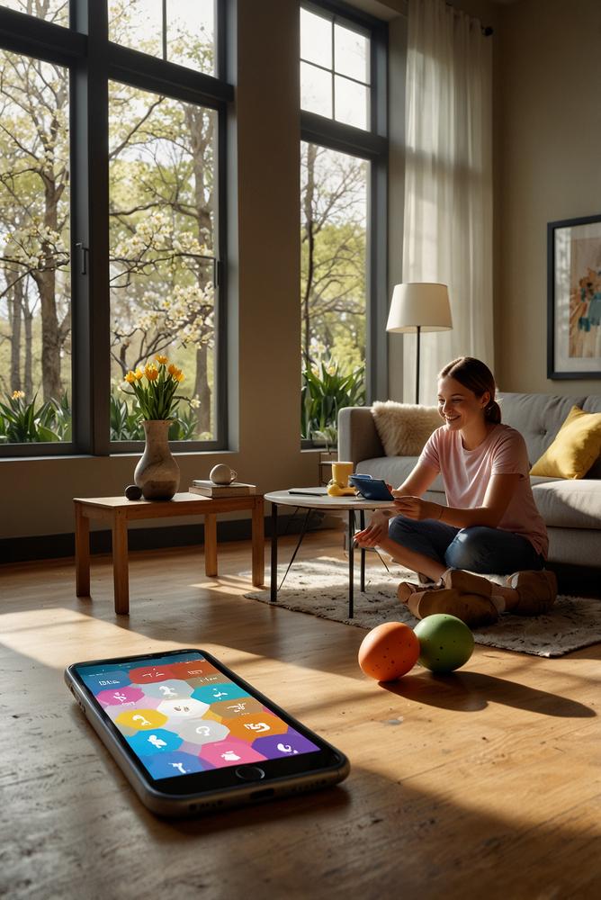 Familie spielt digitales Osterquiz am Smartphone im hellen Wohnzimmer