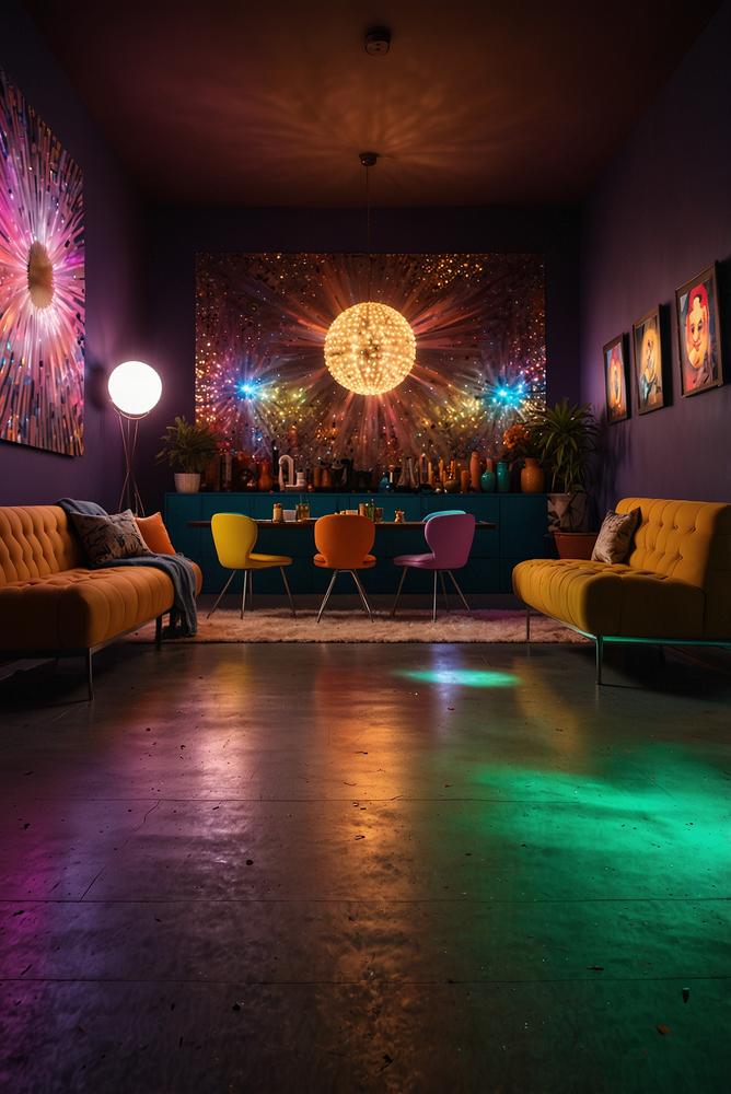 Helles Wohnzimmer mit bunter Disco-Revival-Deko 70er Jahre