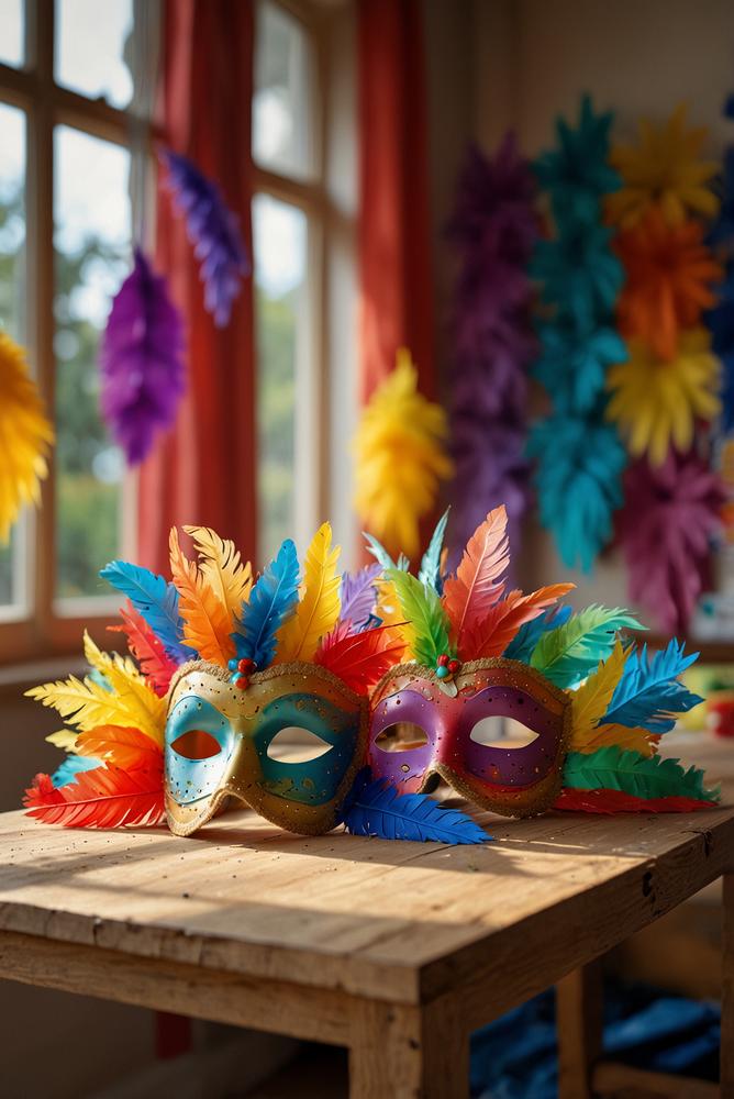 Helle DIY-Maskenwerkstatt mit Bastelmaterialien bei Tageslicht