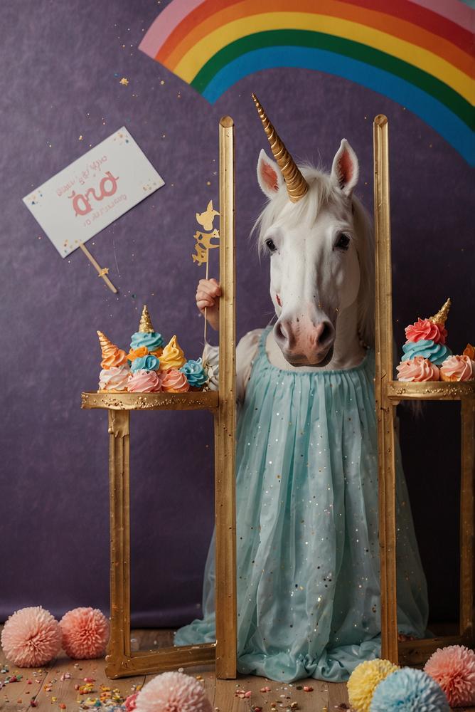 Einhorn-Fotobox mit Requisiten und Rahmen hell und einladend