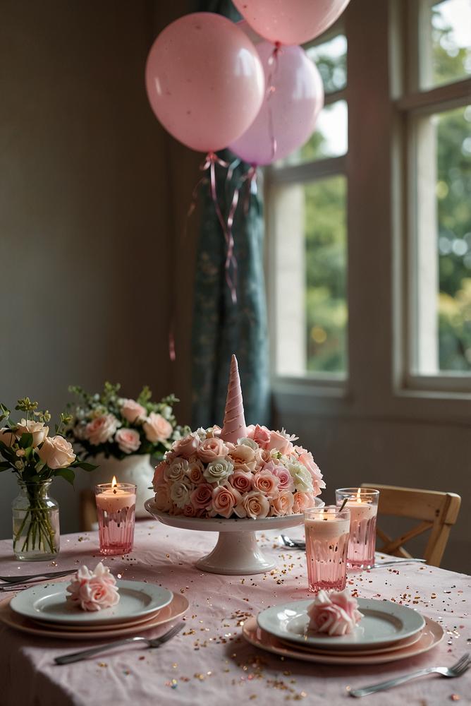 Helle Einhornparty mit Lichterkette und bunter Tischdeko